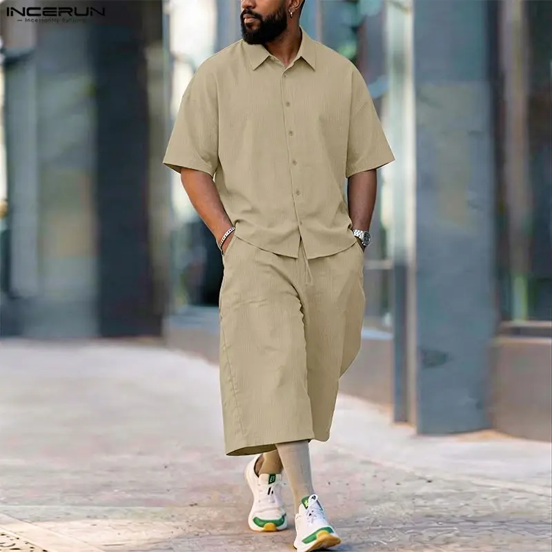 Mens Fashion Streetwear - INCERUN Heren Sets Effen Kraag Korte