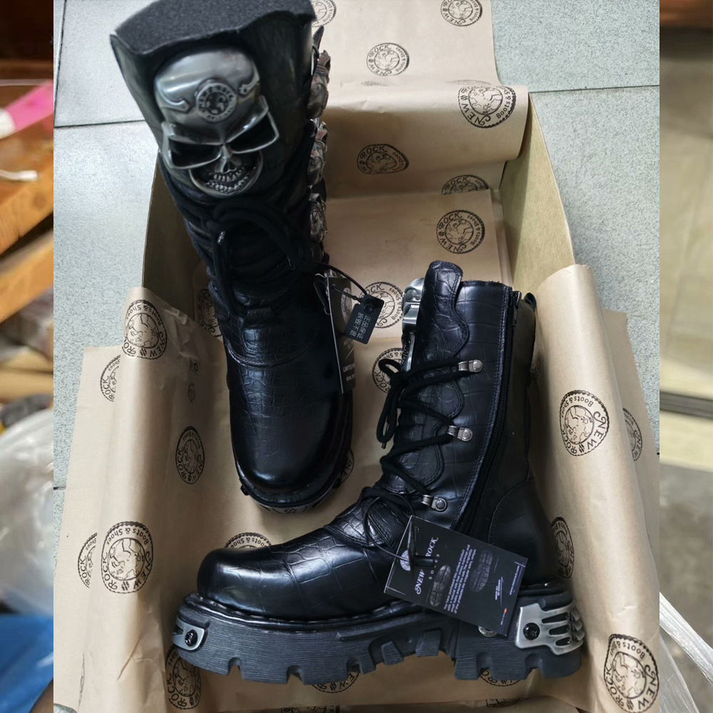 Mens Fashion Combat Boots - Mode Echt Lederen Heren Motorlaarzen Mid-calf