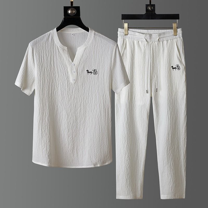 Men'S Fashion V Neck T Shirts - Nieuwe zomermode trendy linnen T-shirt set